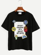 Romwe Black Printed T-shirt With Embroidered Patch