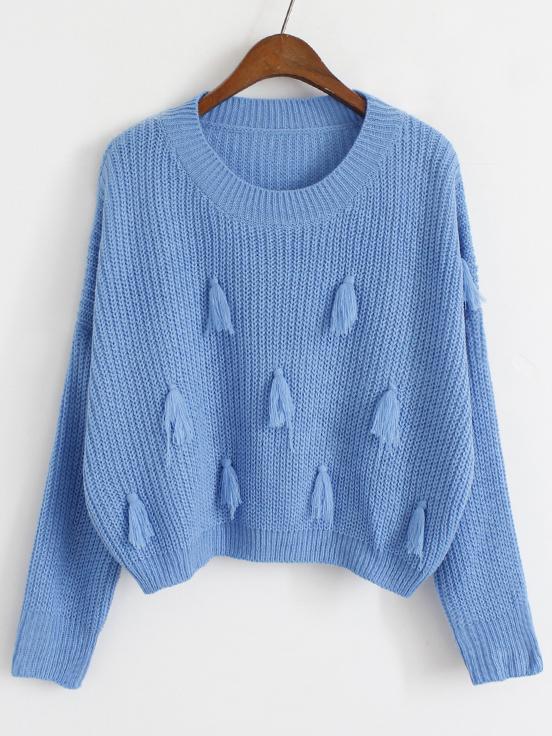Romwe Round Neck Knit Tassel Crop Sweater