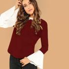 Romwe Contrast Collar And Flounce Sleeve Top