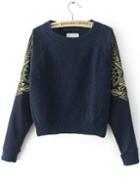 Romwe Round Neck Embroidered Navy Sweater