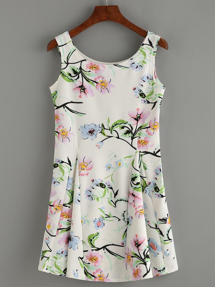 Romwe Blossom Print Tank Dress - White