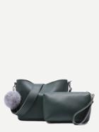Romwe Green And Grey Pu Pom Pom Two Pieces Shoulder Bag With Wide Strap