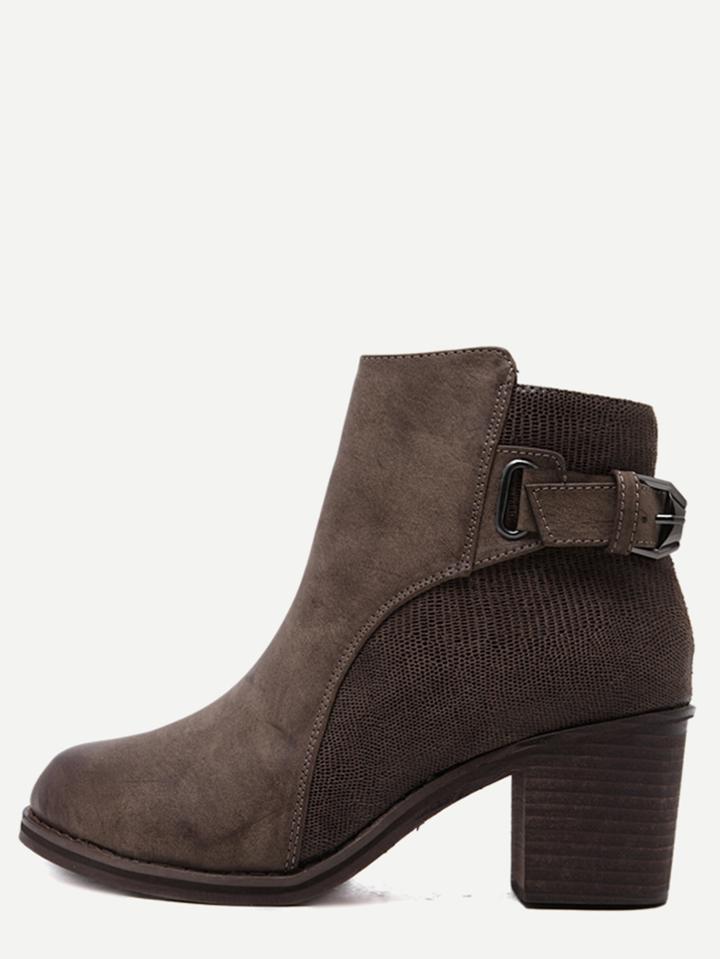 Romwe Brown Pu Snakeskin Trim Distressed Cork Heel Short Boots