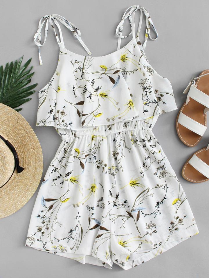 Romwe Knot Shoulder Floral Print Romper
