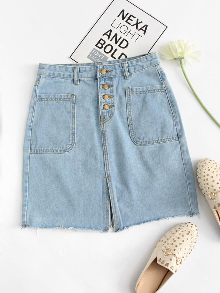 Romwe Frayed Hem Button Front Denim Skirt