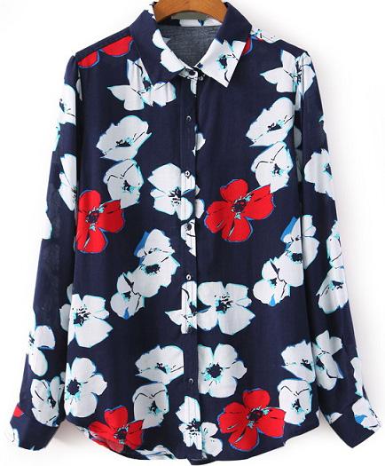 Romwe Floral Lapel Loose Blue Blouse