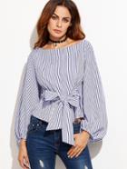 Romwe Bow Belted Front Exaggerated Lantern Sleeve Striped Top