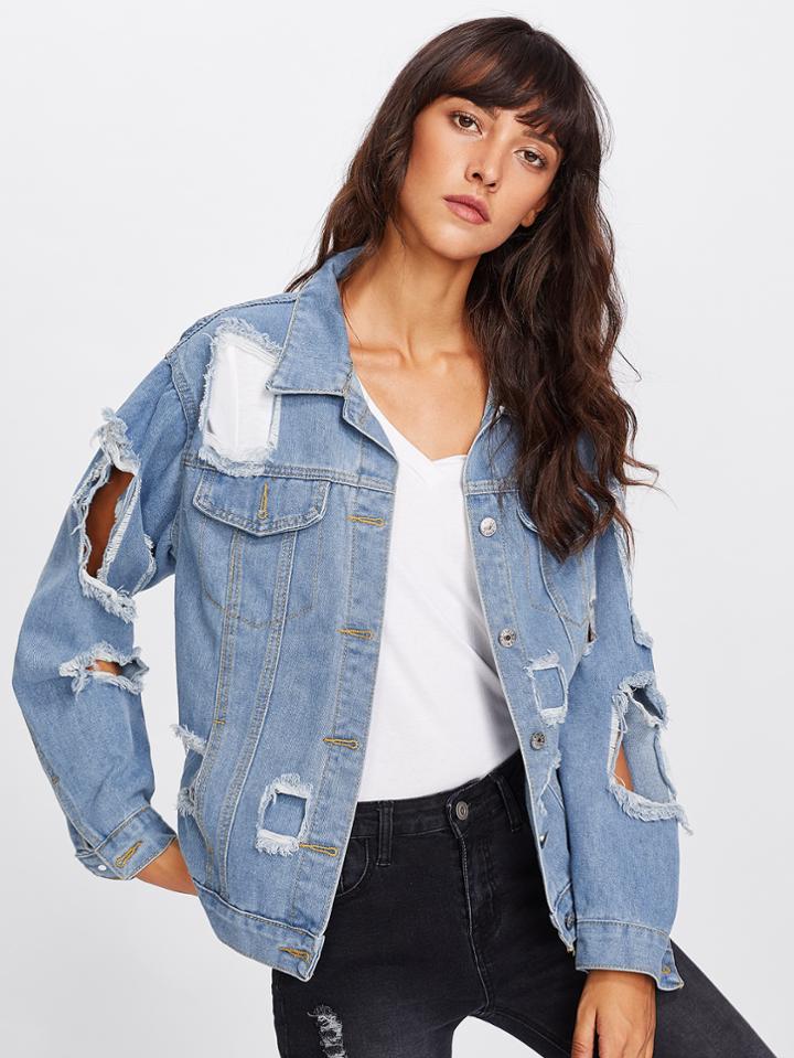 Romwe Distressing Single Breasted Denim Jacket