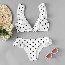 Romwe Polka Dot Ruffle Top With Low Rise Bikini