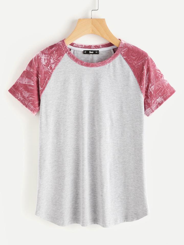 Romwe Contrast Velvet Raglan Sleeve Heathered Tee