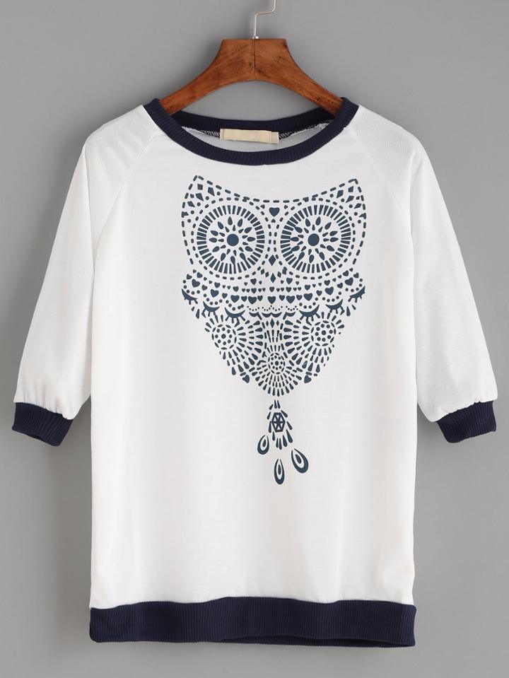 Romwe White Owl Print Contrast Trim Raglan Sleeve T-shirt