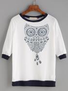 Romwe White Owl Print Contrast Trim Raglan Sleeve T-shirt