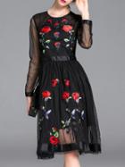 Romwe Black Sheer Gauze Embroidered A-line Dress