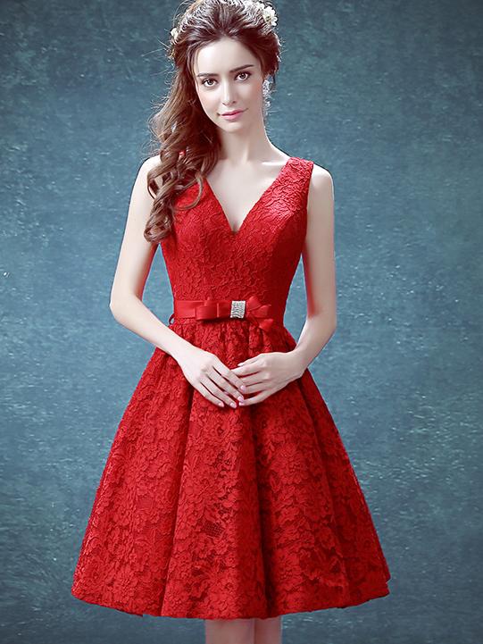 Romwe Red V Neck Backless Sleeveless Tie-waist Lace Dress