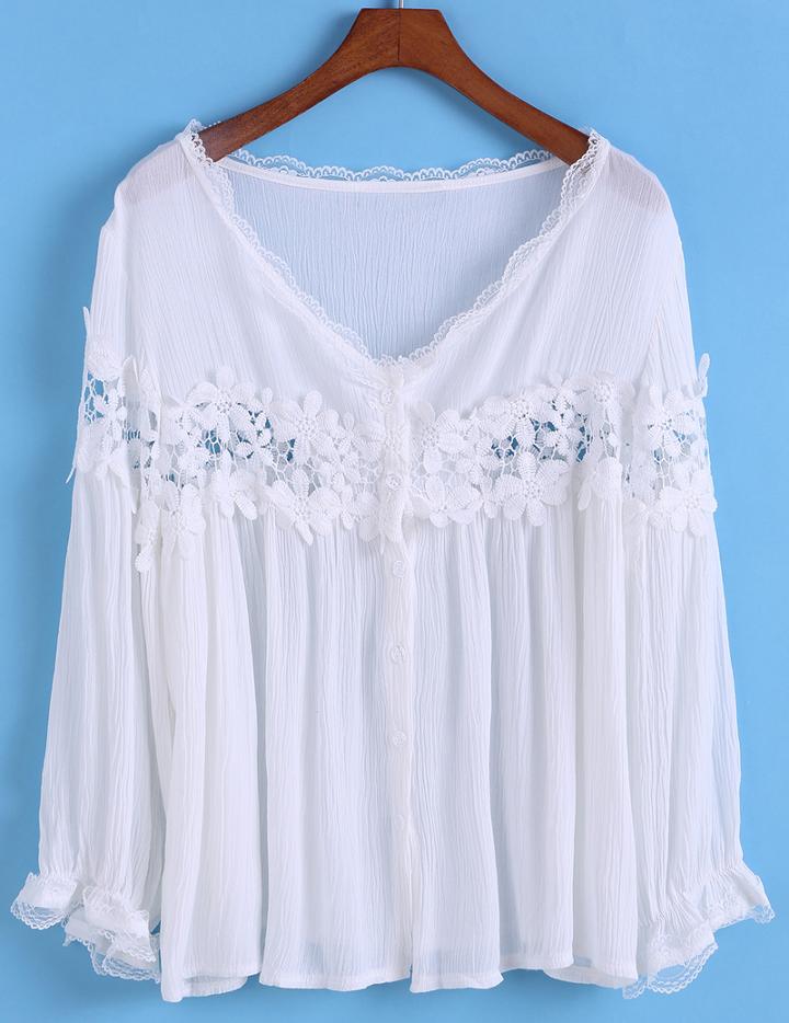 Romwe V Neck Lace Insert Hollow Top