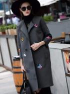 Romwe Grey Lapel Length Sleeve Patch Embroidered Pockets Coat