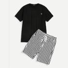 Romwe Guys Crown Print Tee & Vertical-stripe Shorts Pj Set
