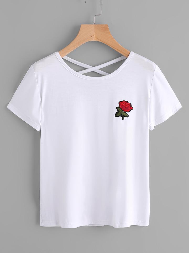 Romwe Rose Embroidered Patch Criss Cross Back Tee