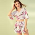 Romwe Large Floral Print Surplice Blouse With Tie Front Shorts