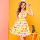 Romwe Twist Front Lemon Print Shirred Dress