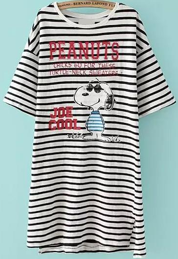 Romwe Snoopy Print Striped Long T-shirt