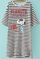 Romwe Snoopy Print Striped Long T-shirt