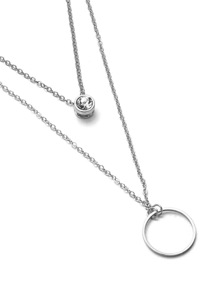 Romwe Rhinestone Detail Ring Pendant Layered Necklace