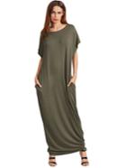 Romwe Olive Green Short Sleeve Shift Maxi Dress With Pocket