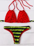 Romwe Red Watermelon Print Halter Bikini Set