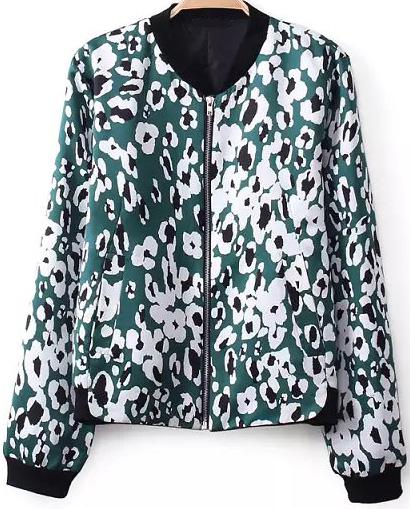 Romwe Leopard Print Zipper Crop Green Jacket