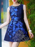 Romwe Blue Round Neck Sleeveless Contrast Pu Leather Jacquard Dress