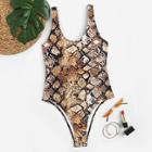 Romwe Snake Print Low Back One Piece Swimsuit