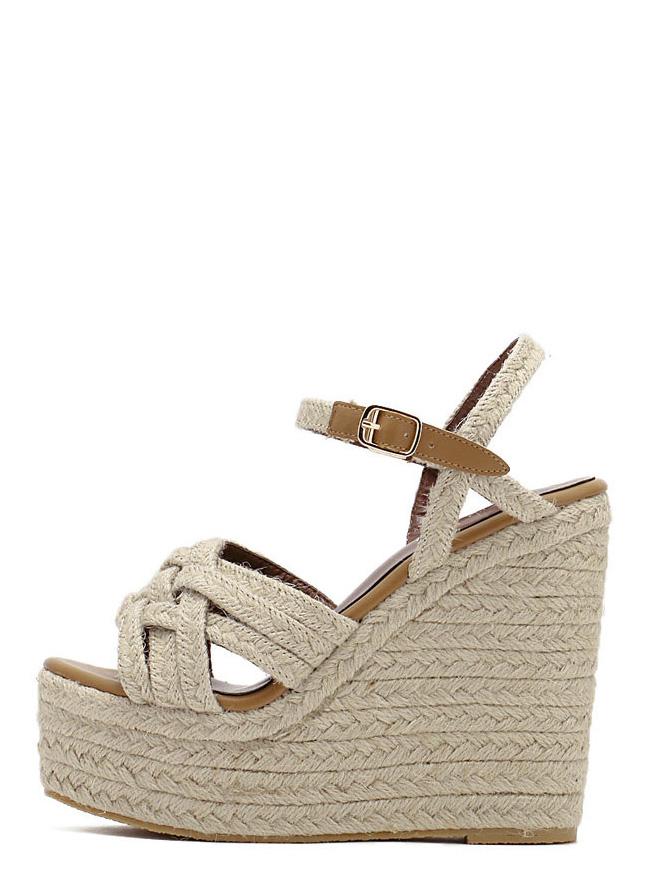 Romwe Apricot Peep Toe Buckle Braided Wedge Sandals