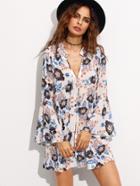 Romwe White Tie Neck Floral Print Bell Sleeve Dress