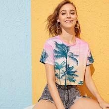 Romwe Coconut Trees Print Crop Tee
