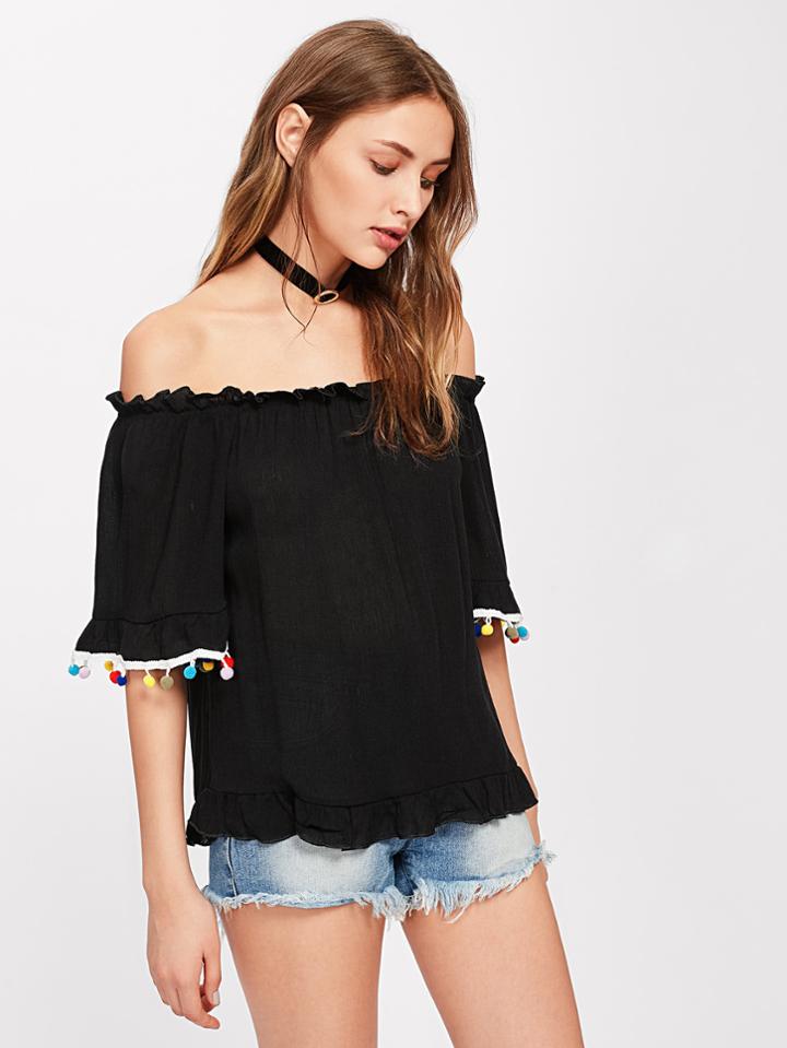 Romwe Bardot Frill Trim Pom Pom Top