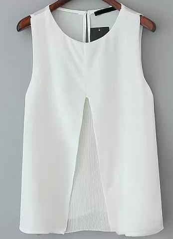 Romwe White Sleeveless Split Pleated Blouse