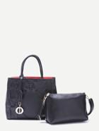 Romwe Black Interlaced Strap Embellished Bag Set With Convertible Strap