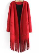 Romwe Long Sleeve Bead Tassel Red Coat