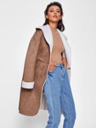 Romwe Press Stud Placket Faux Shearling Coat