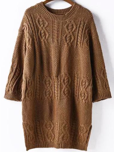 Romwe Cable Knit Split Side Long Coffee Sweater