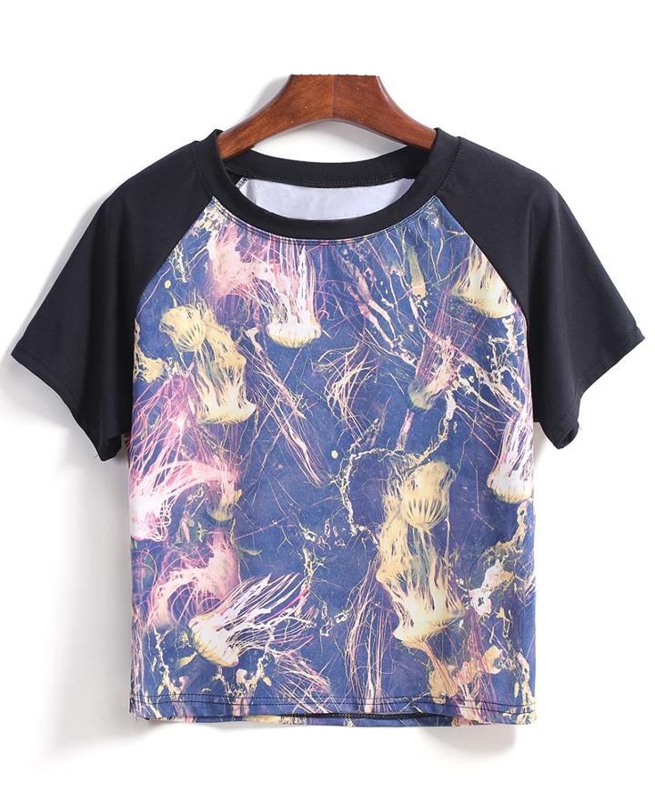 Romwe Round Neck Jellyfish Print Loose T-shirt
