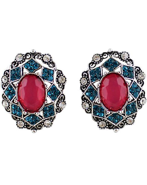 Romwe Red Green Gemstone Silver Hollow Earrings