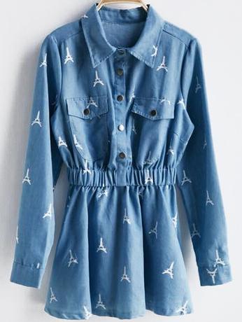 Romwe Lapel Tower Print Denim Shirt Dress With Pockets