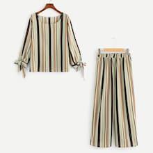 Romwe Plus Knot Side Striped Top With Pants