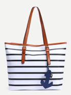 Romwe White Striped Buckle Handle Tote Bag