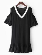 Romwe Open Shoulder Ruffle Hem Knit Dress