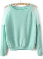 Romwe Sheer Mesh Shoulder Crop Green Sweater