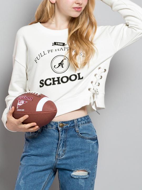 Romwe Letter Print Bandage Crop Sweatshirt