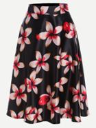 Romwe Black Flower Print A Line Skirt